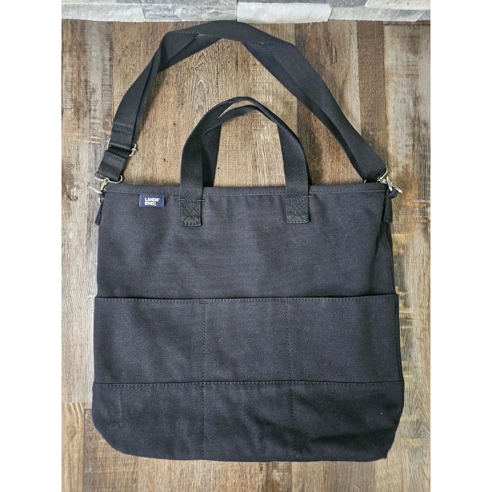 Lands End Black Canvas Messenger Boat Tote Bag Size 18x16x4